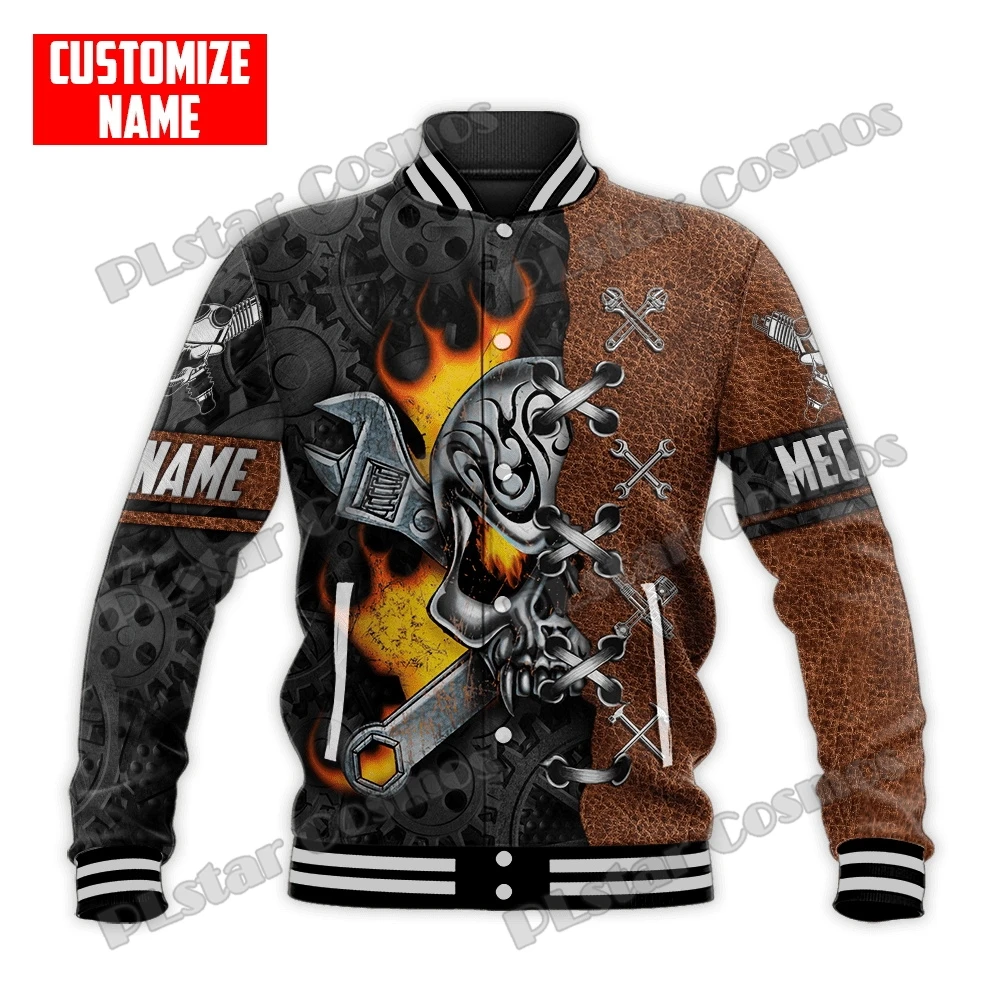 Personalized Name Mechanic Metal 3D Printed Fashion Mens Baseball Varsity Jacket Unisex Casual Winter Baseball Jacket BQF04