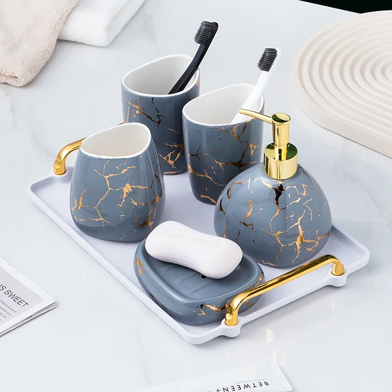 Imitation Marble Wash Set Ceramic Bathroom Soap Dish Dispenser Mouthwash Cup Nordic Home Accessories