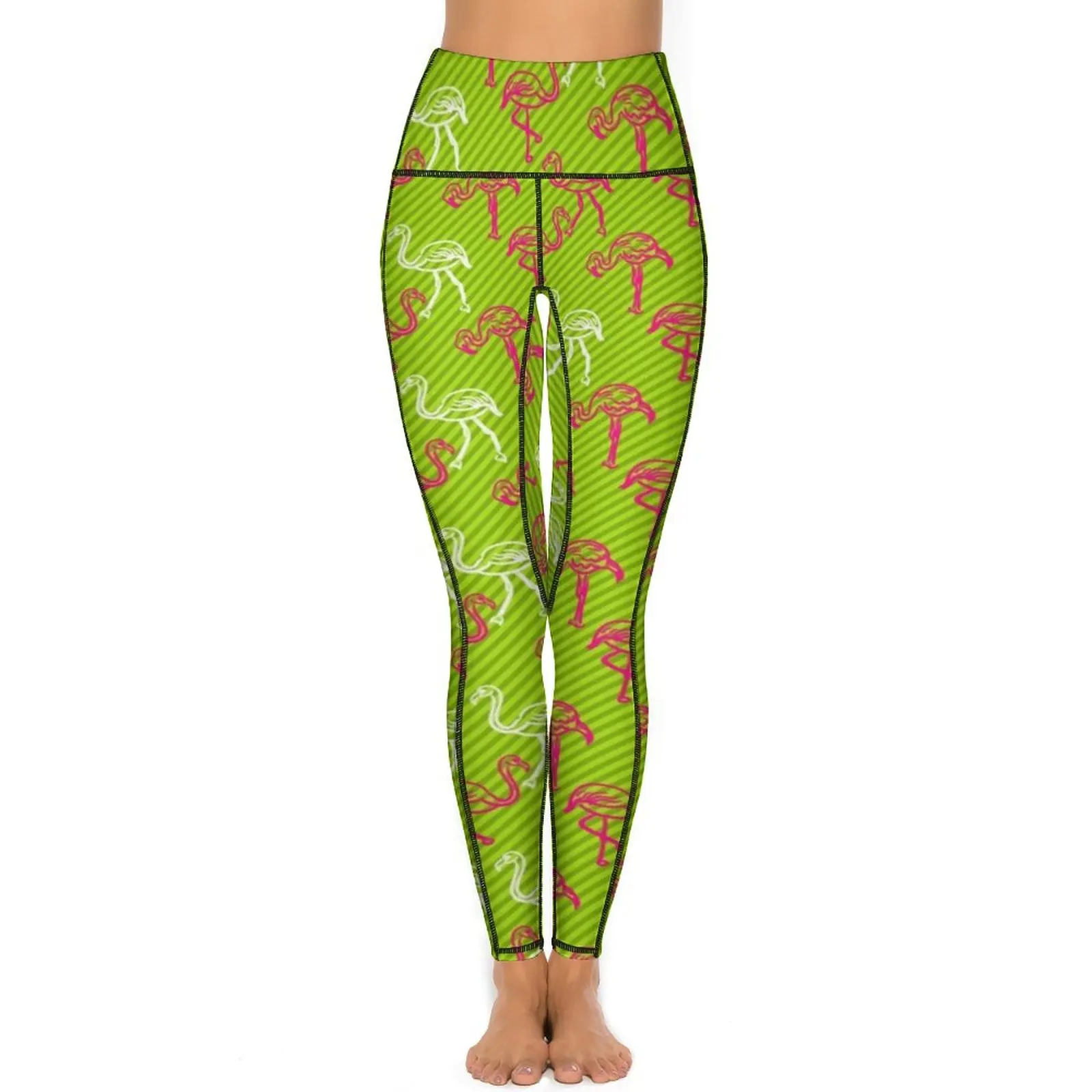 Flamingo Bird Leggings Green and Pink Striped Work Out Yoga Pants Women Push Up Funny Sports Tights Elastic Graphic Yoga Legging