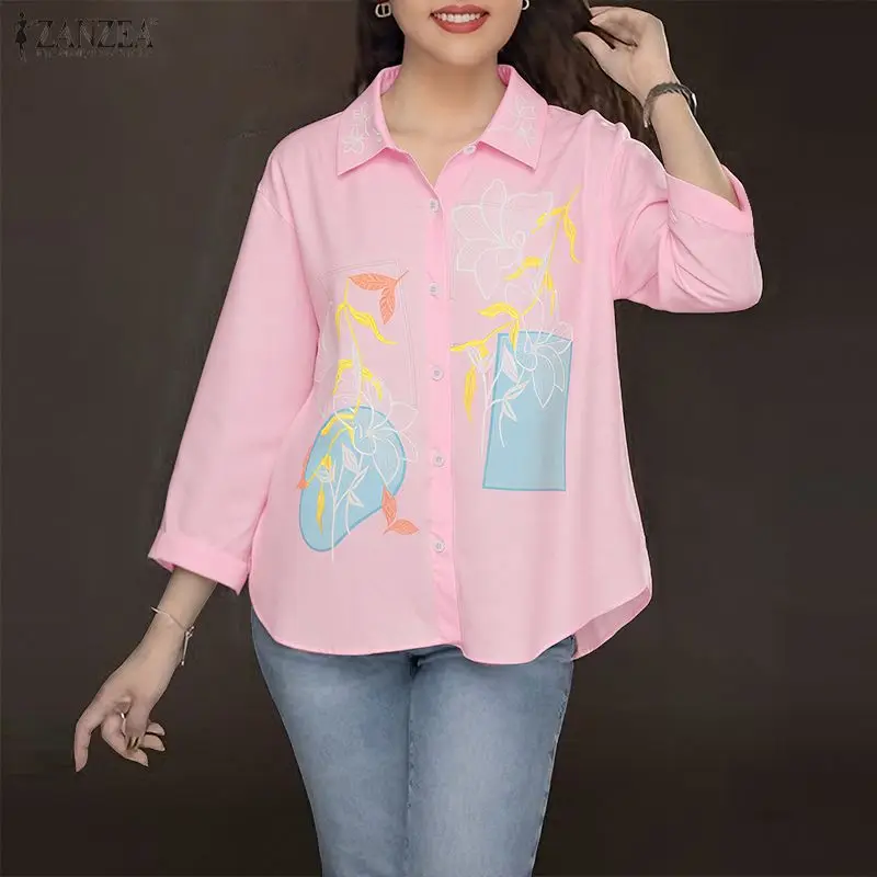 

ZANZEA Women Shirts 2026 Autumn Long Sleeve Print Elegant Office Lady Blouse Fashion Lapel Oversized Tops Buttons Female Blusas