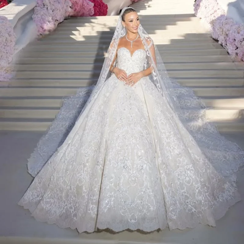 Customized Shiny ivory white Ball Gown Royal Wedding Dresses Sweetheart crystal Lace Vestido De beads Made Robe De
