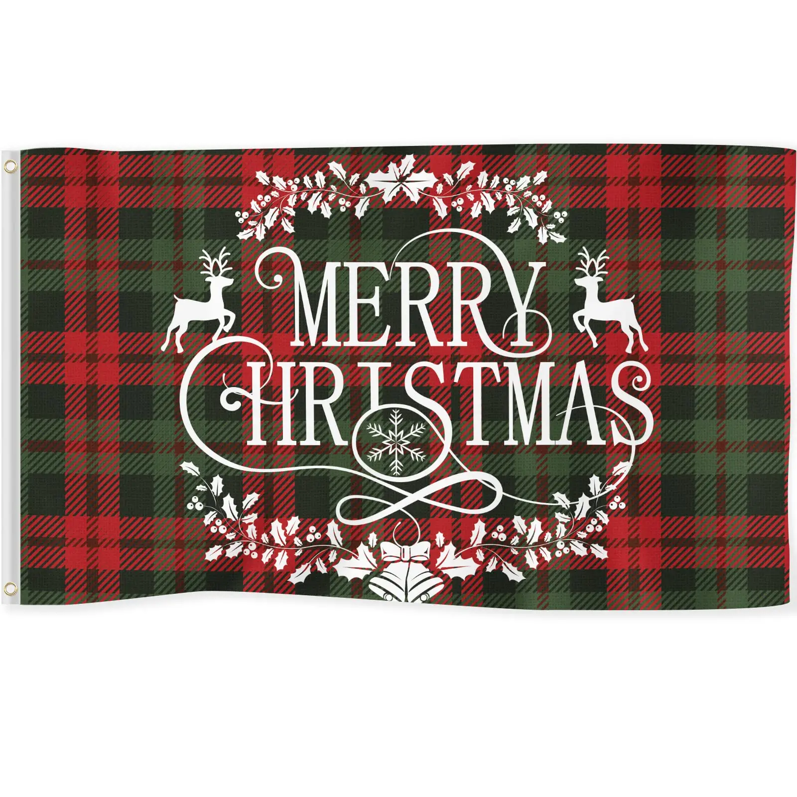 Merry Christmas Flag Banner Decoration Double Printed Yard Sign Buffalo Plaid Deer Flowers Bells Xmas Party Supplies Wall Decor