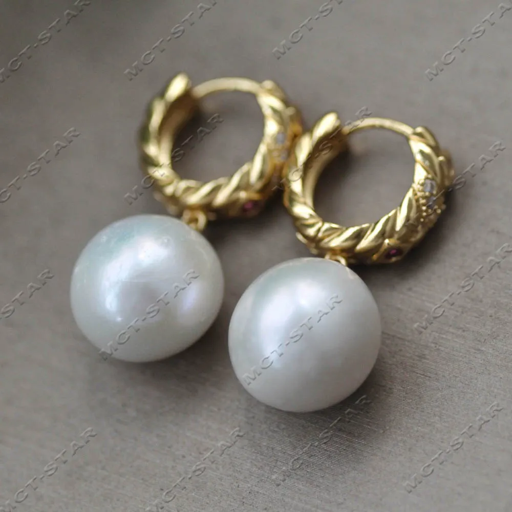 Z14711 Big 16mm Ruby Twist Huggie Hoop White Round Edison Pearl Emerald Dangle Earrings For Women