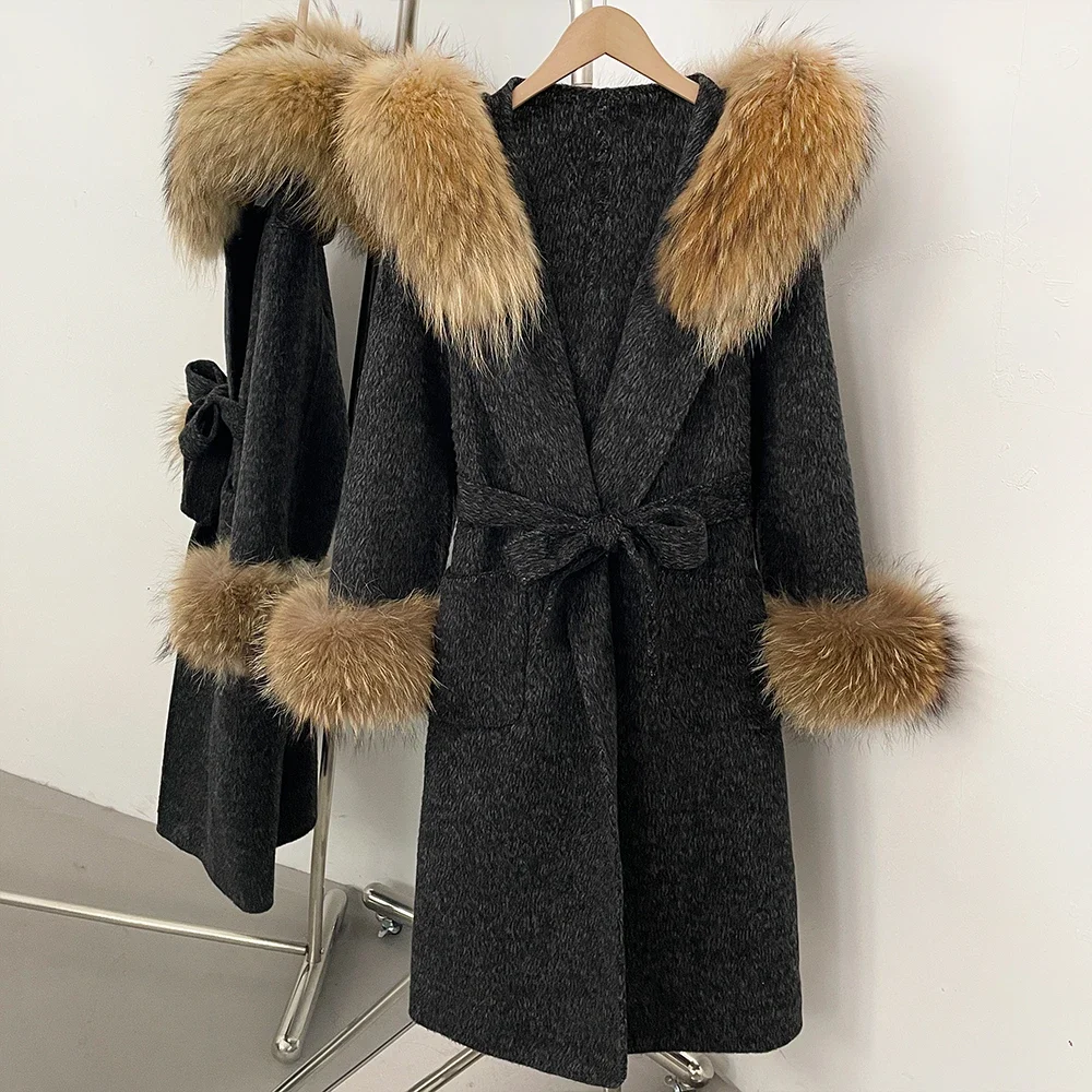 OFTBUY Wollmantel mit Echtfellkragen und Kapuze, Gürtel, 100% Wolle, Damen, Herbst/Winter, Luxus, Lange Kleidung mit Naturfell – Detail 5
