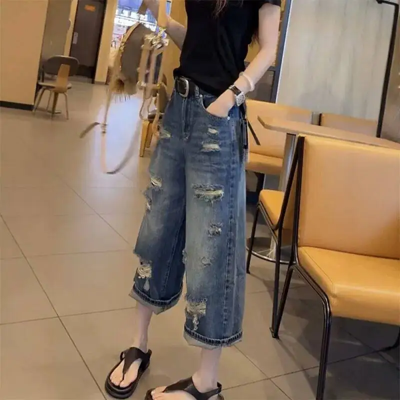 

Summer 2026 Slim Straight Denim Jeans Large Size Hole Grandma Pants Meat Covering Versatile Eighteen Wide Leg Pants