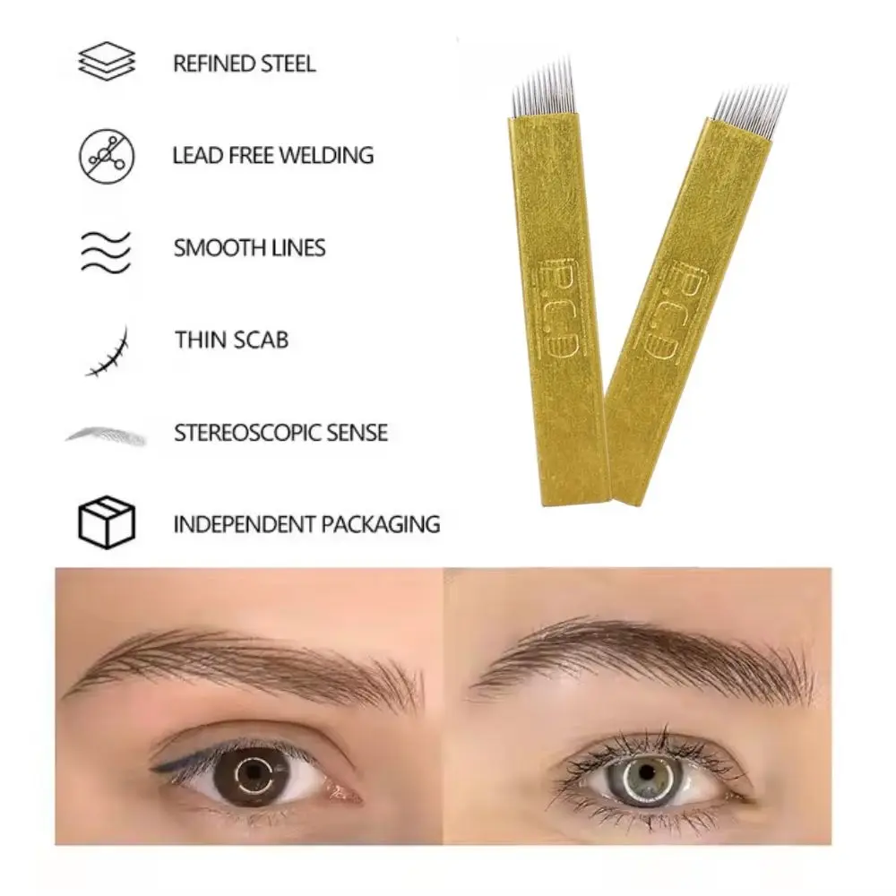 Professional 3D Microblading Pen Manual for Eyebrow Tattoo Permanent Makeup Kit with Golden Tebori Pen-5pcs 12pcd Blades