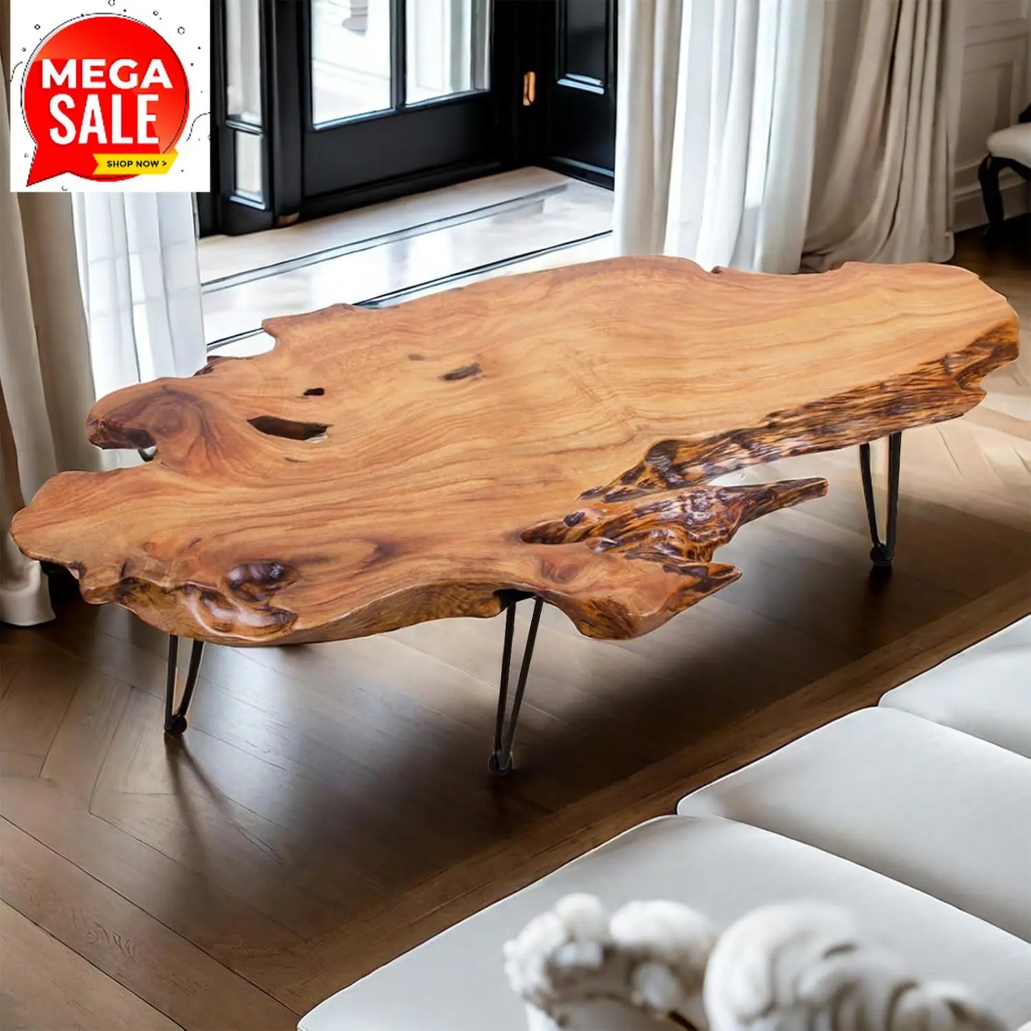 

Бестселлер: Кофейный столик ручной работы с необработанными краями | Натуральное дерево с уникальной органической формой | Металлические ножки-шпильки для гостиной, для приставного столика