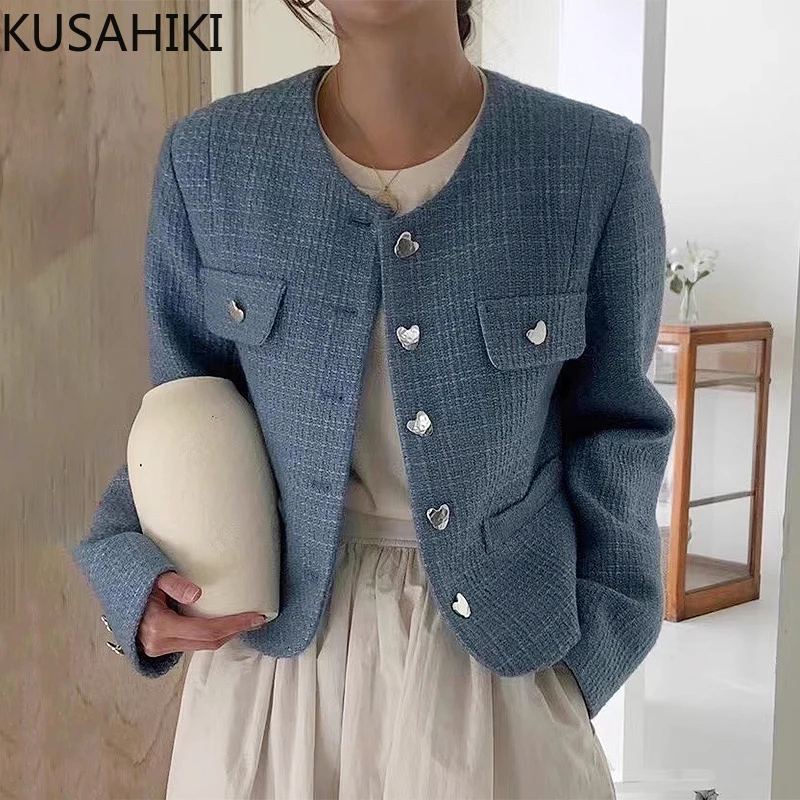 KUSAHIKI Korea Chic Autumn Jackets for Women 2023 New Elegant O-neck Love Heart Single Breasted Causal Short Long Sleeve Coat