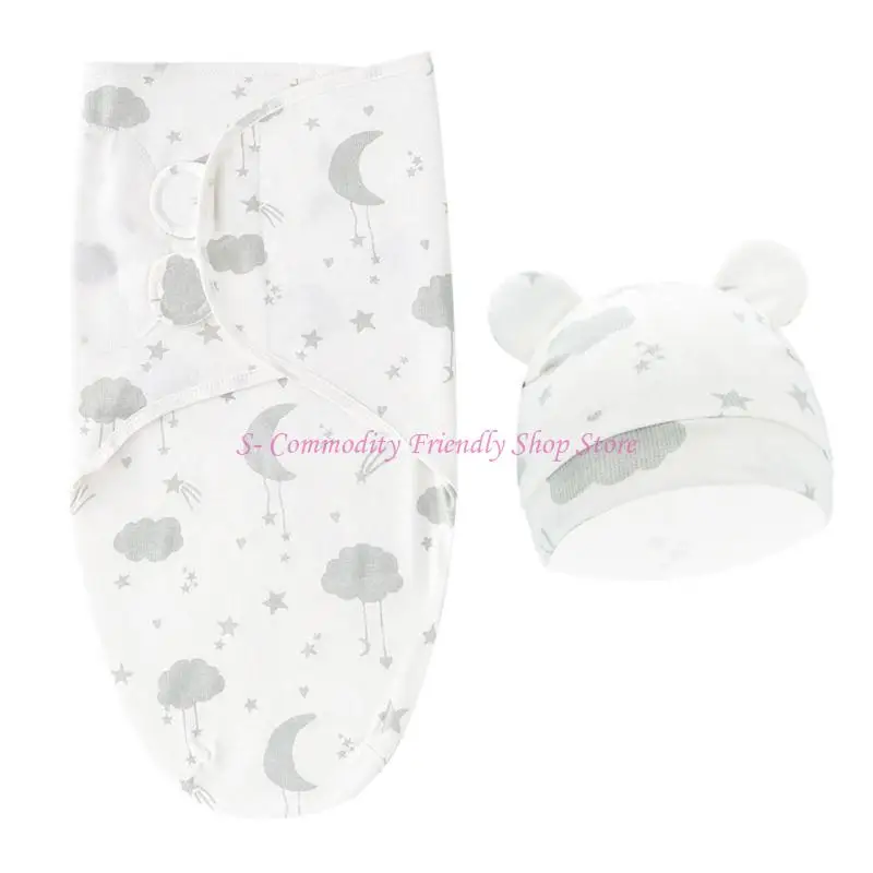 

85AE Newborn Sleeping Bag & Hat Set Non-fluorescent Cotton Blanket Hat Shower Gift
