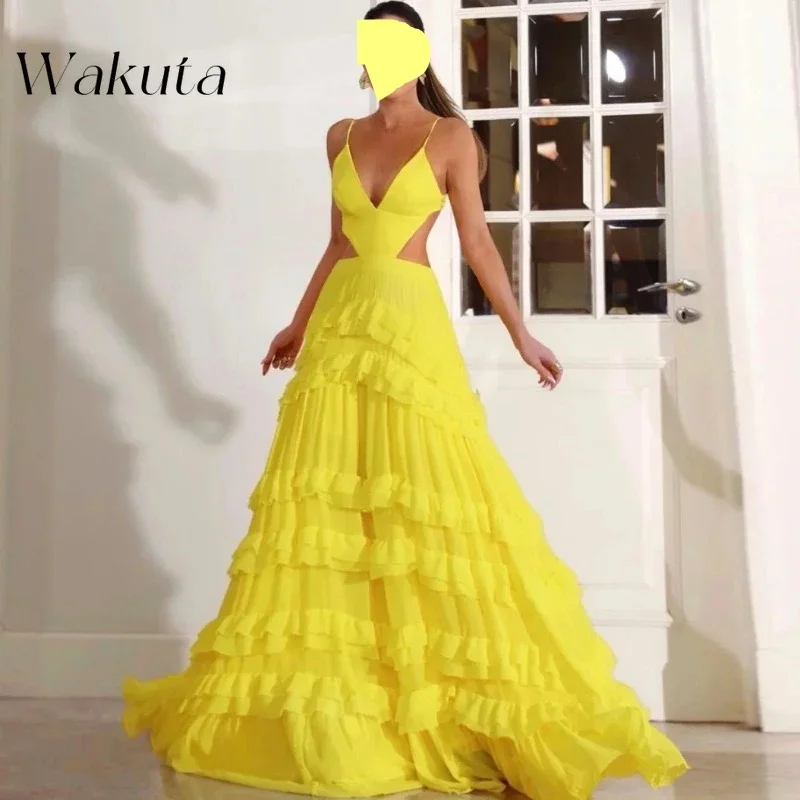 

Wakuta Sexy V-neck Slim Shoulder Strap Solid Dress Classic Ruffle A-line Tiered Beach Dance Vestidos De Fiestas Elegantes Mujer