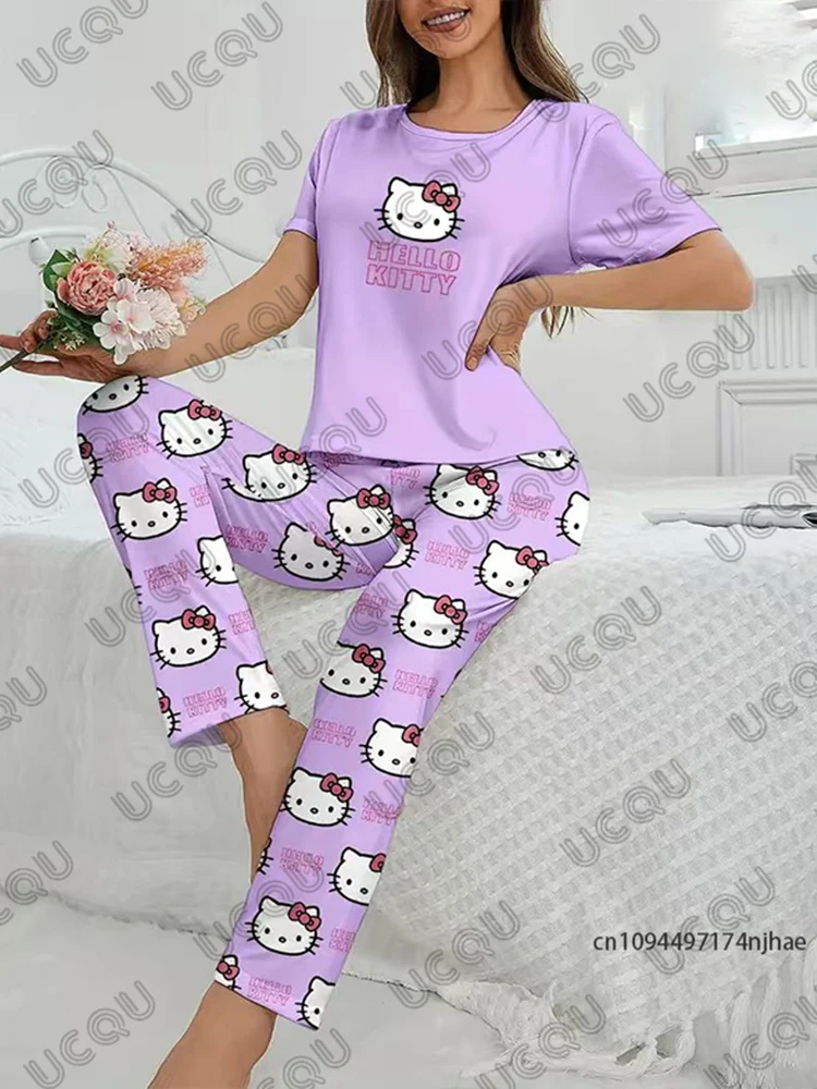 女性のズボン ジャージ ハローキティ プリント T シャツ + パジャマ パンツ セット カジュアル カップル スーツ ファッション ホーム服 2 ピース衣装
