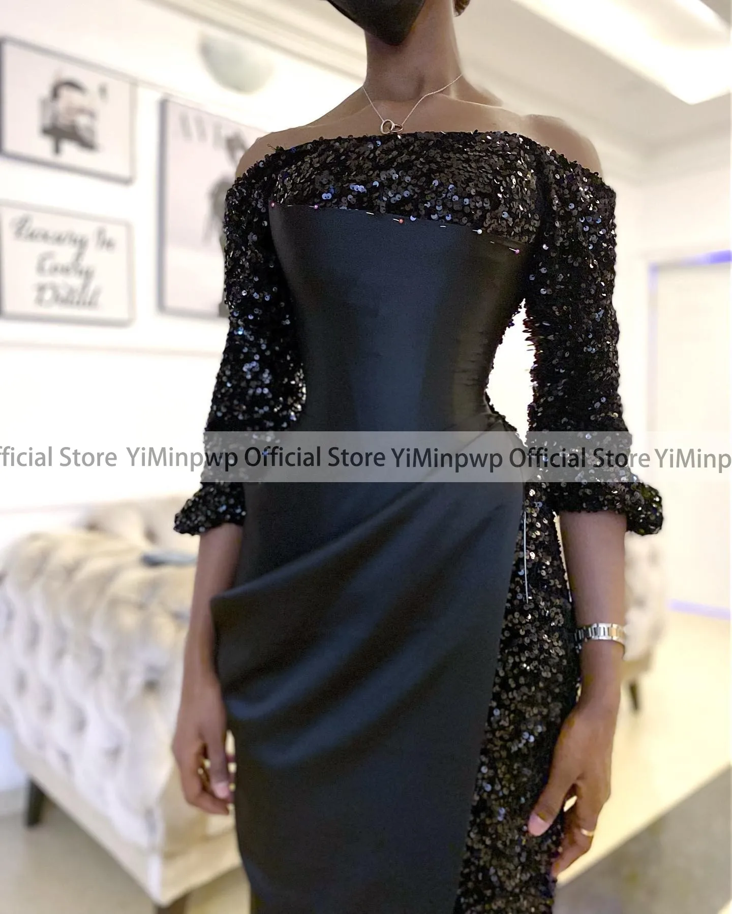 Black Mermaid Evening Dresses for Women Off Shoulder Sequined Special Occasion Dress Africa Wedding Guest Party Gowns Customized