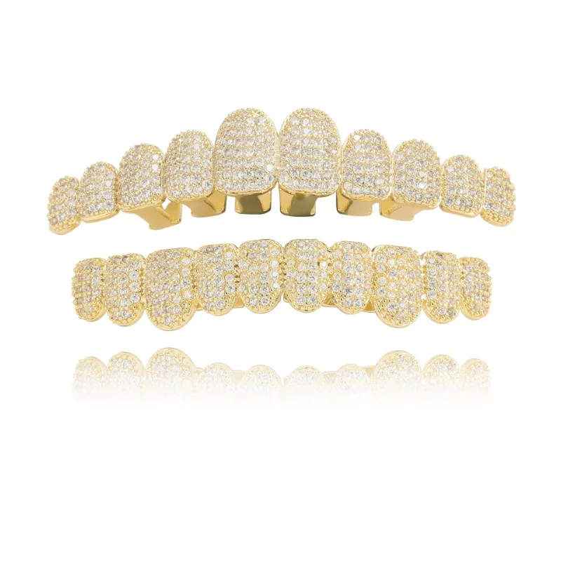 

Hiphop Iced Out Zircon Tooth Grillz for Women Men 18k Gold Plated 3A Cubic Zirconia Mouth Teeth Grills 10 Bottom Top Teeths