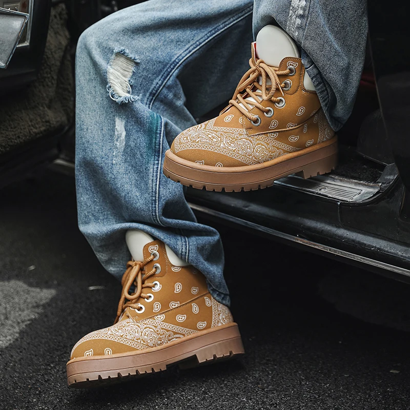 أحذية عصرية غير رسمية للاستخدام في الهواء الطلق، أحذية عمل رجالية ذات نعل سميك ونعل سميك أمريكي عالي الجودة، أعمال الدراجات النارية لزيادة الارتفاع