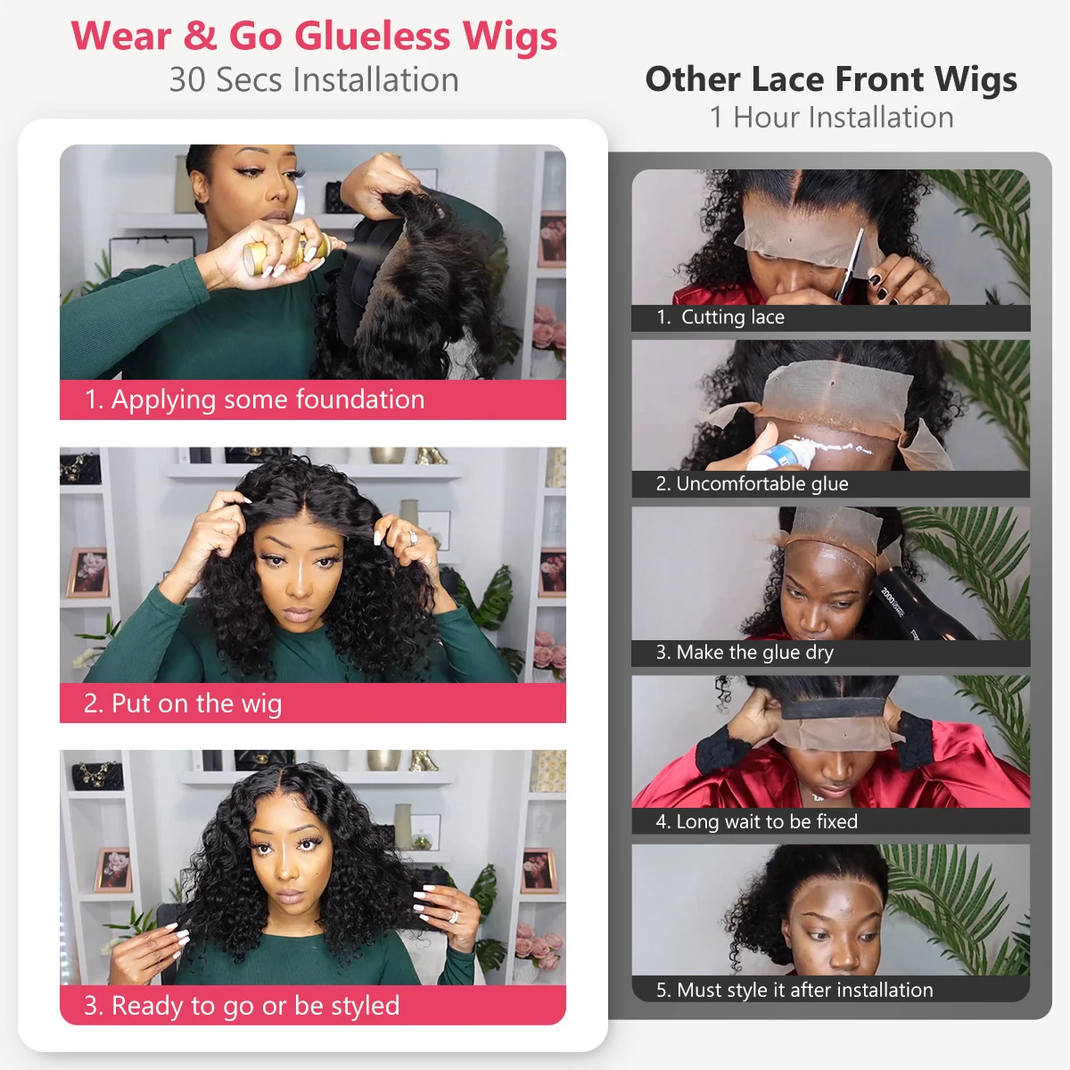 Curly Glueless Wigs Human Hair Ready to Wear Deep Wave Lace Front Wigs Wear And Go Pre Plucked Pre Cut 5x5 4x4 Lace Closure Wigs image 5