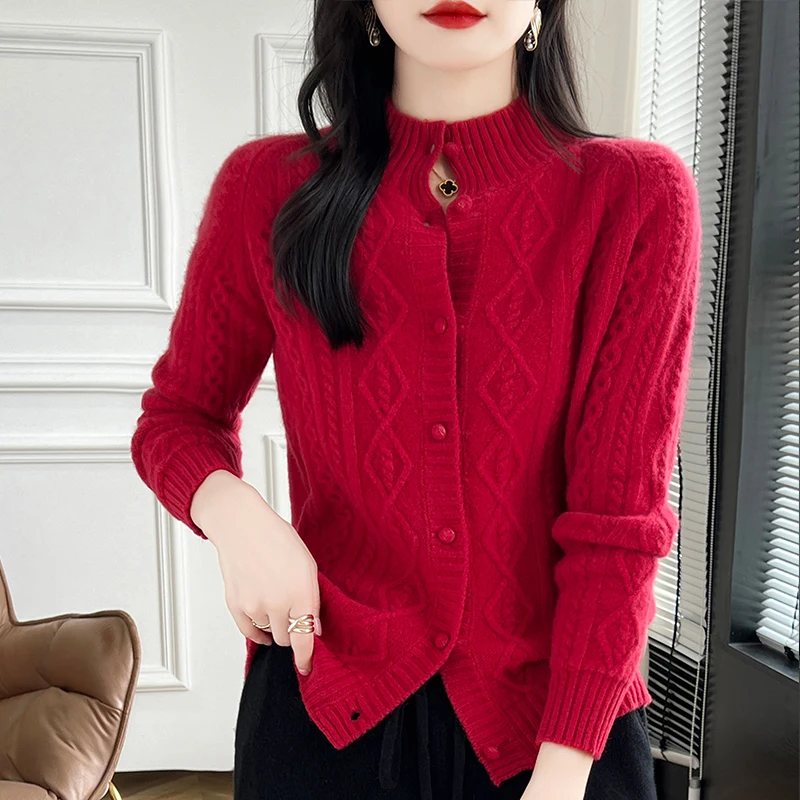 100% Wool Cashmere Cardigan Autumn Winter New Half High Collar Twist Coat High-End Knitwear Sweater Shirt Loose Women Thick Tops