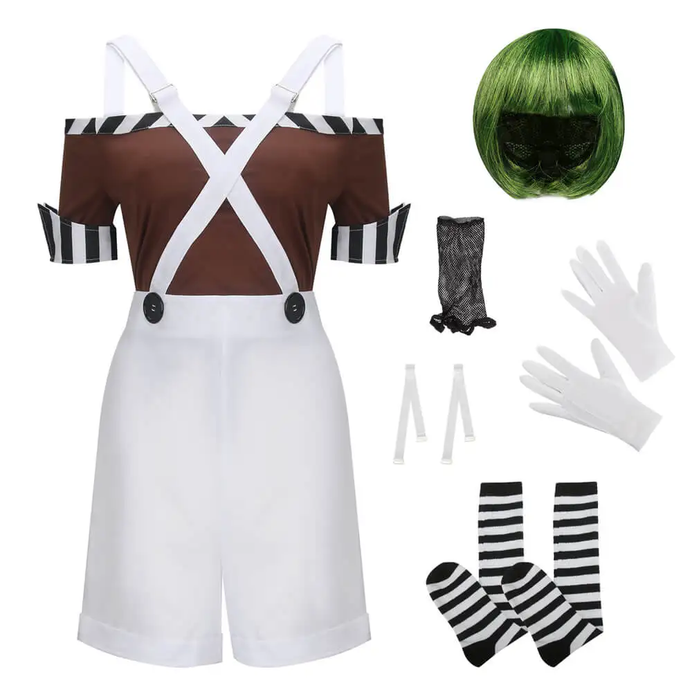 Abiti da donna Oompa in Costume da lavoratore di fabbrica di cioccolato Loompa con parrucca