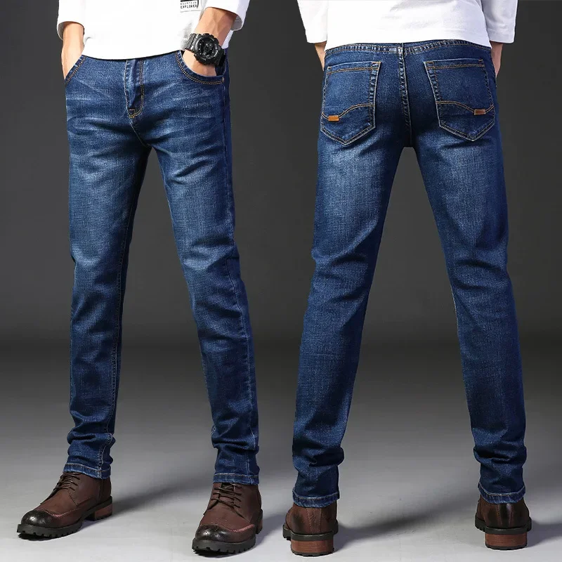 

Spring Men's Light Blue Slim Jeans Stylish Casual Stretch Fabric Denim Pants Classic Trousers Smoke Gray