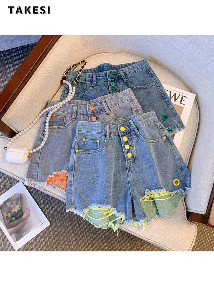 

Harajuku Hotsweet Casual High Waist 00S Blue Denim Shorts Women's Fashion Sexy Slim Fit Y2K Street Ripped Tassels Jean Short