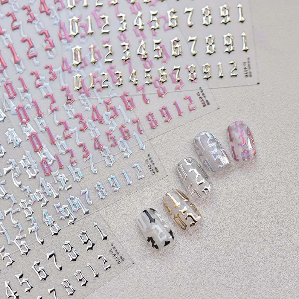 

Gothic Style Number Nail Stickers Black White Laser Number Number Nail Decals Gold Silver Manicure Accessories