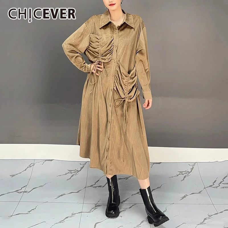 

CHICEVER Casual Spliced Drawstring Blouse For Women Lapel Lantern Sleeve Patchwork Single Breasted Mid Length Style Shirt Female