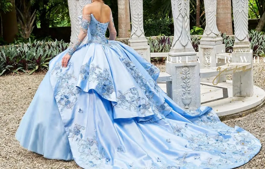 Céu azul charme Quinceanera vestidos, vestido de baile, mangas compridas, apliques pérolas, doce mexicano 16 vestidos, 15 anos