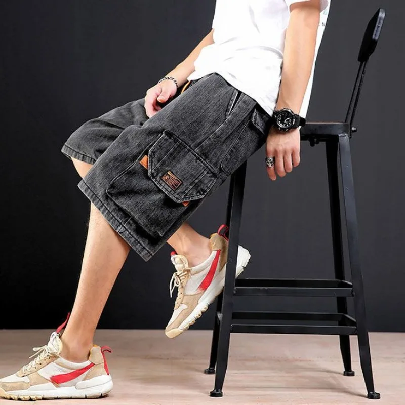 Men\'s Short Jeans Pants Cargo Baggy Drawstring Male Denim Shorts with Pockets Text Wide Loose Original Cowboy Buttons Jorts Sale