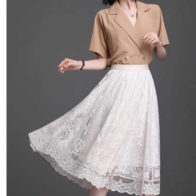 Lace Spring Summer New Mid-Length Pleated A-Line Skirt For Petites