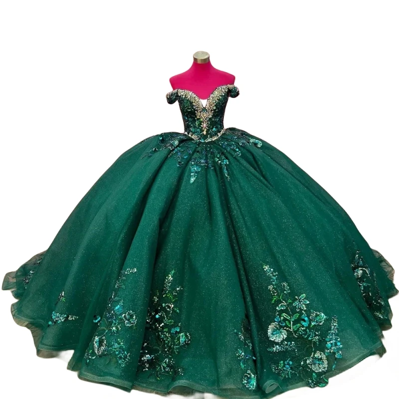 Robe Quinceanera verte émeraude pour femmes, robe de soirée de Rh, manches cape, appliques en cristal, Sweet 16 Girls, Real Picture, VX Anos