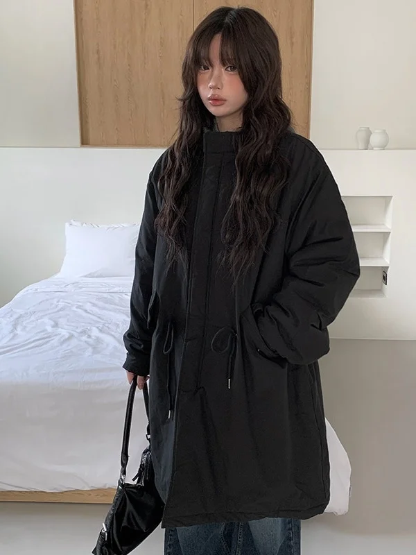 Thiened-ropa de trabajo Retro con cuello levantado para mujer, abrigo de algodón de longitud media con cordón holgado, Color puro, para ir al trabajo