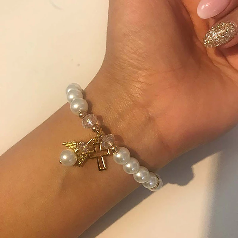 Religious Pearl Bracelet Angel Wing Cross Beaded Bracelet Baby Shower Girl Boy Baptism Gift