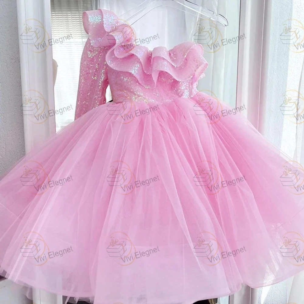 Vestidos de manga cheia rosa para meninas, uma linha macia de tule, tornozelo, vestidos de Natal lantejoulas, colher, novo, 2024