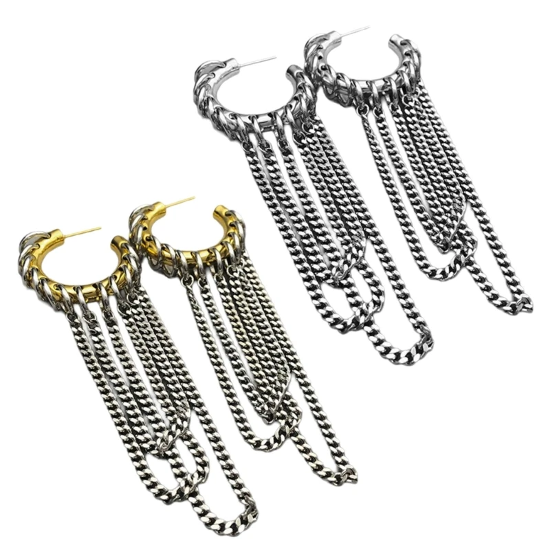 

Exaggerated Long Tassels Studs Earrings Metal Hoop Earrings Adornment for Women Man Chain C-shape Loop Ear Jewelry Gift