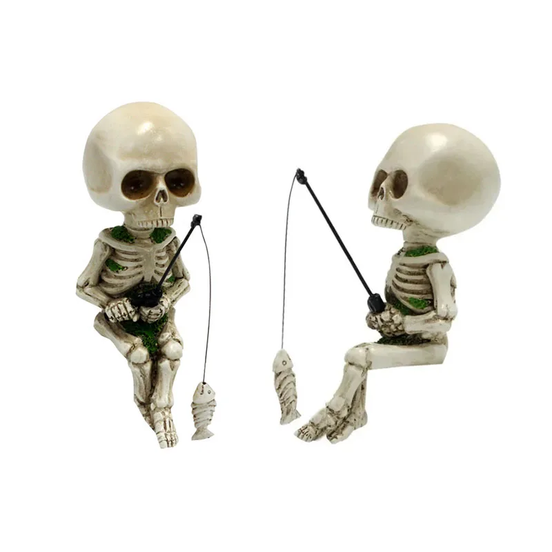 Skeleton Fishing Figurines Halloween Decoration Ornament Pond Fountain Waterfalls Poolside Gothic Home Office Decor Gift