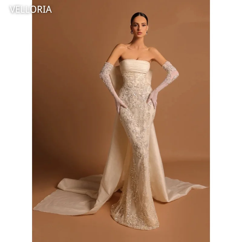 

Ivory Lace Evening Gown Strapless Mermaid Formal Occasion Gown Luxury Beading Crystal Bow Ball Gown Vestdos De Fiesta Customized