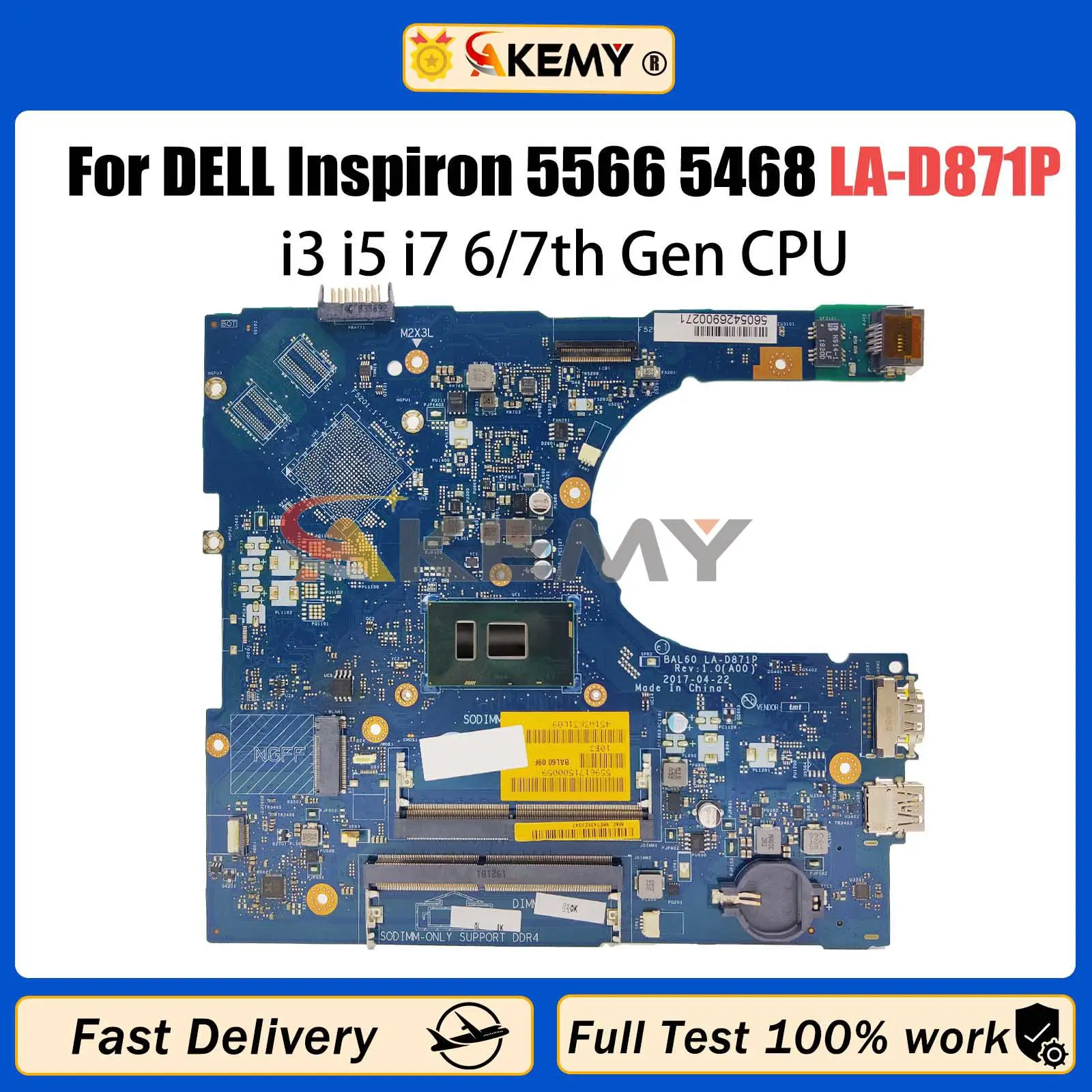 

AKEMY LA-D871P Laptop Motherboard For DELL Inspiron 5566 5468 BAL60 CN-0J922J CN-02PX9P Notebook Mainboard i3 i5 i7 6th/7th CPU