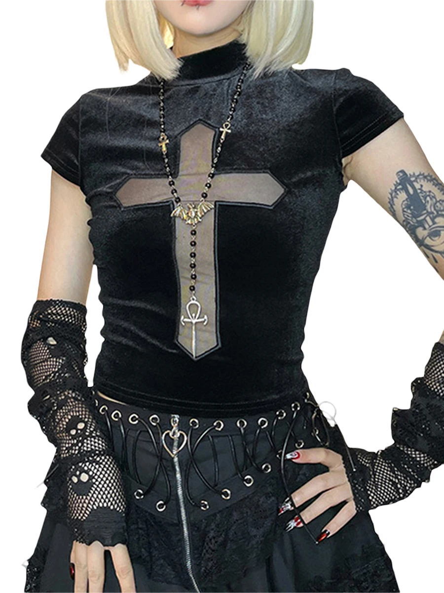 Women Gothic Tops See-Through Cross Crop Pullovers Summer Short Sleeve T-Shirts for Party Streetwear Aesthetic Clothes