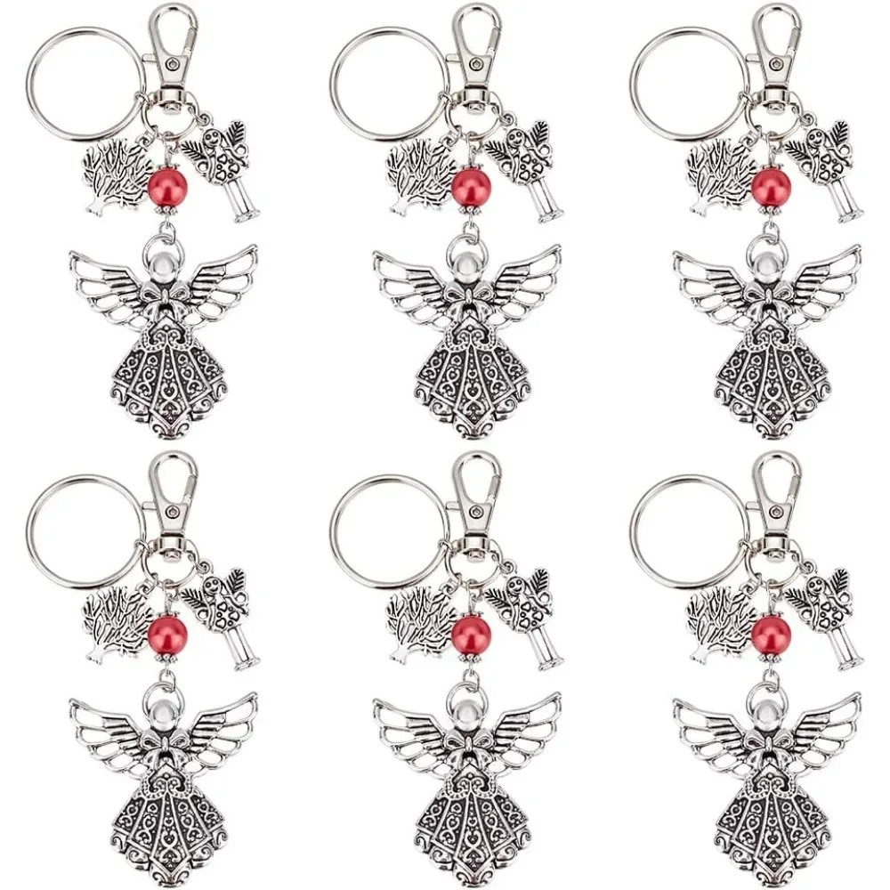 Silver Angel Charm Keychain 6 pcs Guardian Angel Keychain Accessories Gift Baptism Favors Key Ring for Women Funeral Party