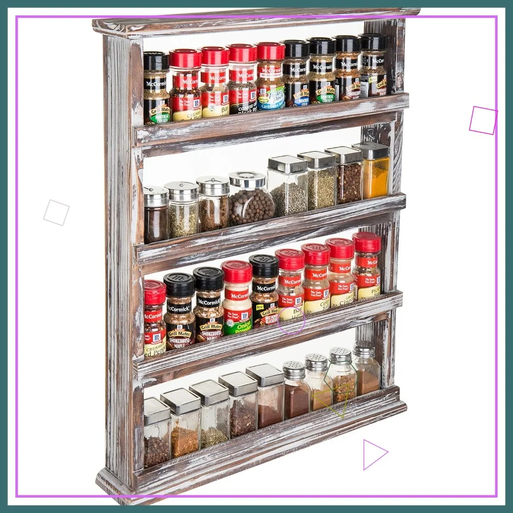 

Wooden Spice Rack Wall Mount, 4-Tier Hanging Shelf for Kitchen Pantry Organization, Vintage Rustic Storage