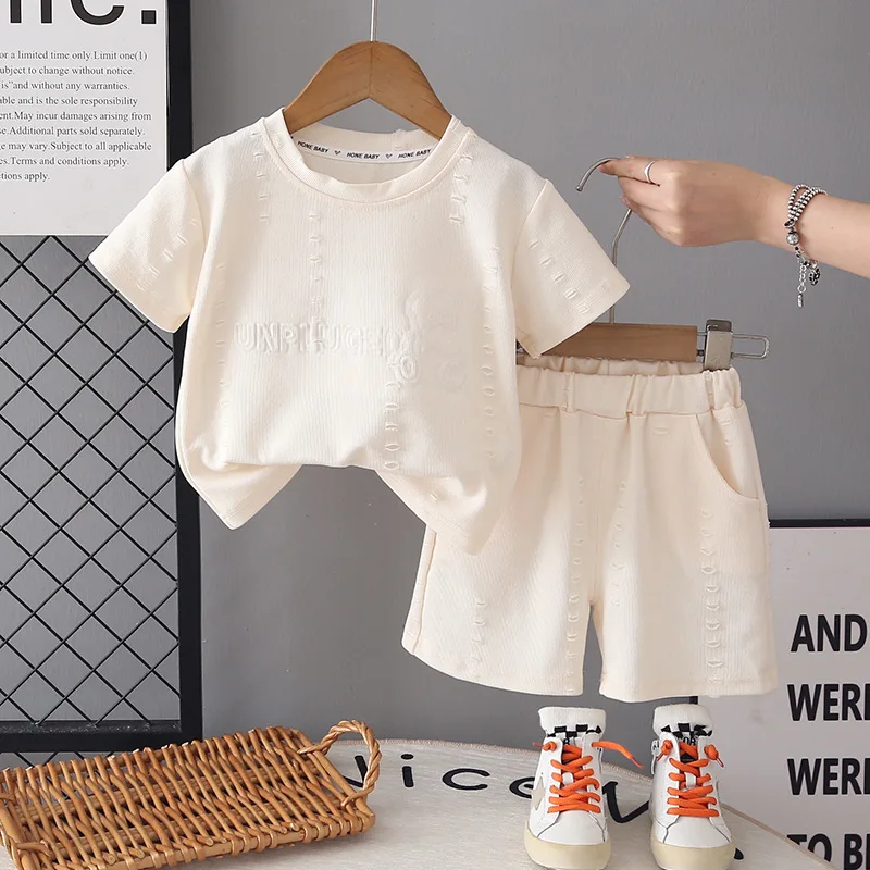 New Arrival Toddler Boys 2PCS Set Embossed Bear Print Short Sleeve T-shirt with Elastic Waist Shorts Casual Summer Outfit
