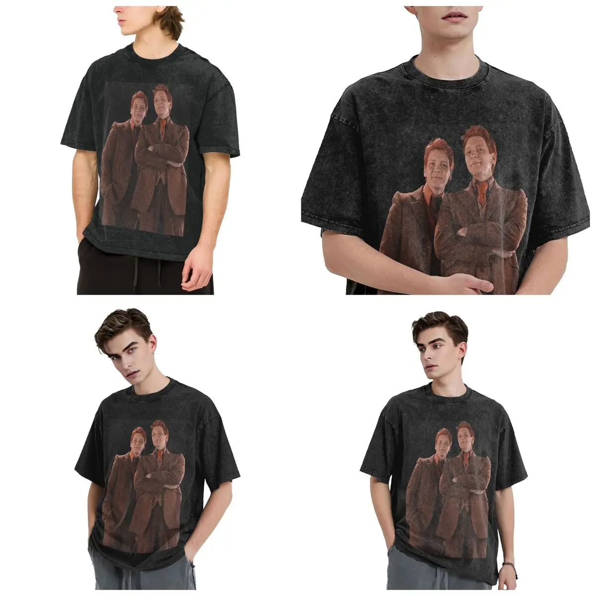 Streetwear T-Shirts Weasley Twins Printing Fashion Washed T Shirt Short Sleeve Hip Hop T-Shirt Tops Tees for Men Women