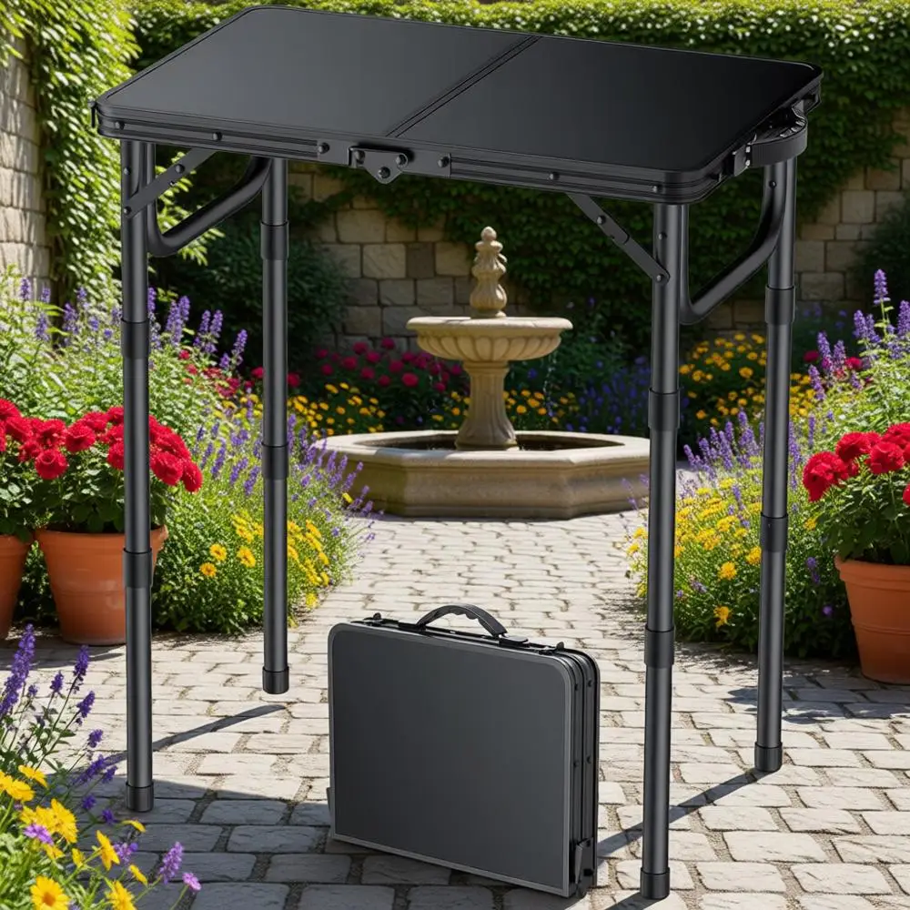 

Compact Adjustable Height Portable Picnic Table - Lightweight Outdoor Table for Camping, BBQ, Beach, Black