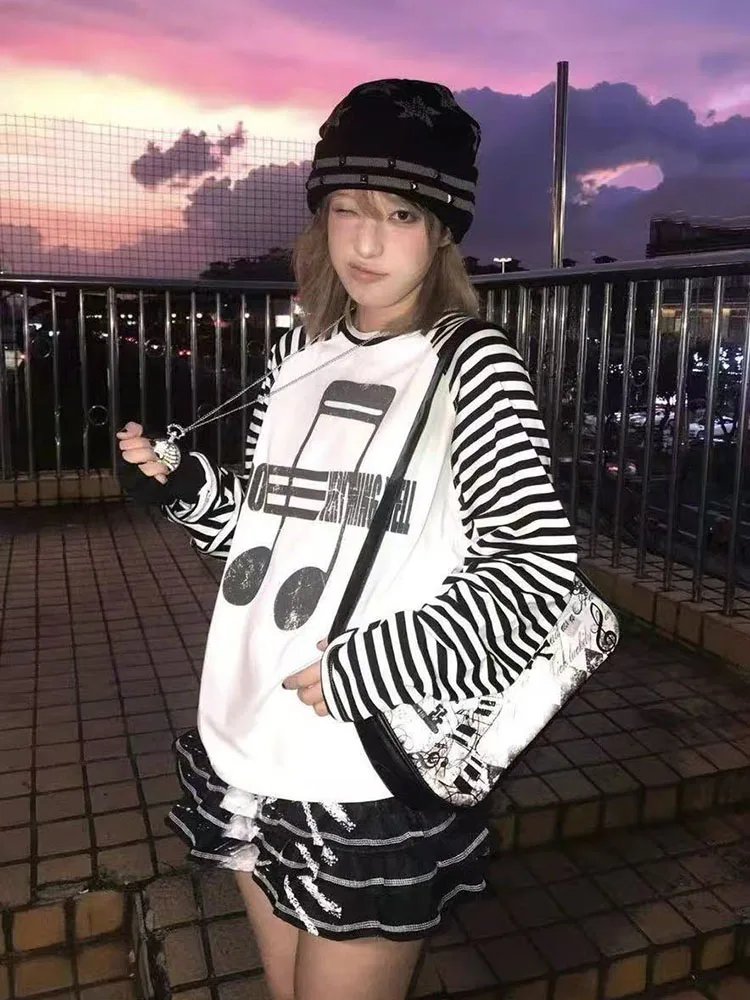 Japanese Striped Patchwork T Shirt Women Y2K Loose Musical Notes Print Long Sleeve Tops American Grunge Egirl Splicing Tees