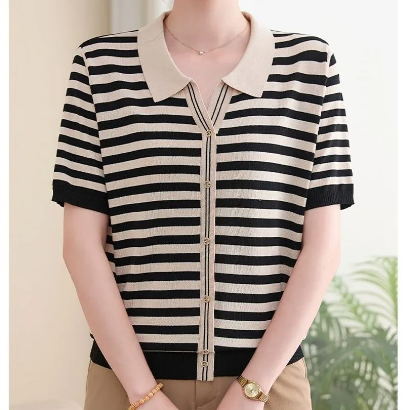 Women Middle Aged Striped Knit Polo Shirt Button Front Short Sleeve Slim Casual Blouse S 4XL