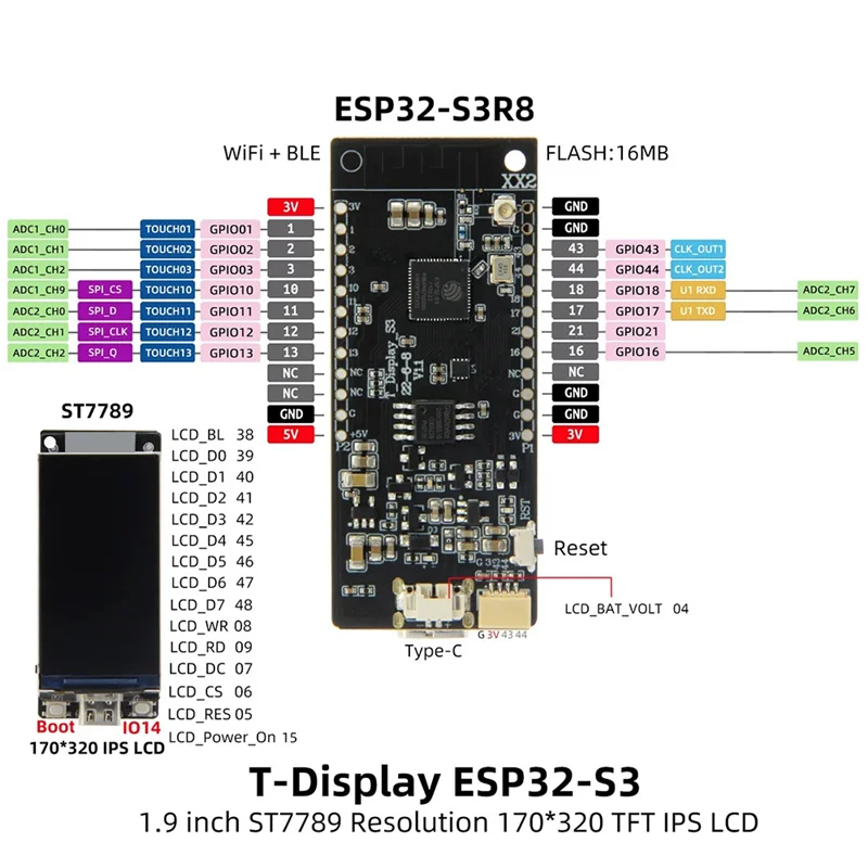 

New--1 PCS ESP32-S3R8 T-Display-S3 Development Board 1.9 Inch LCD Display Development Board (Weld)