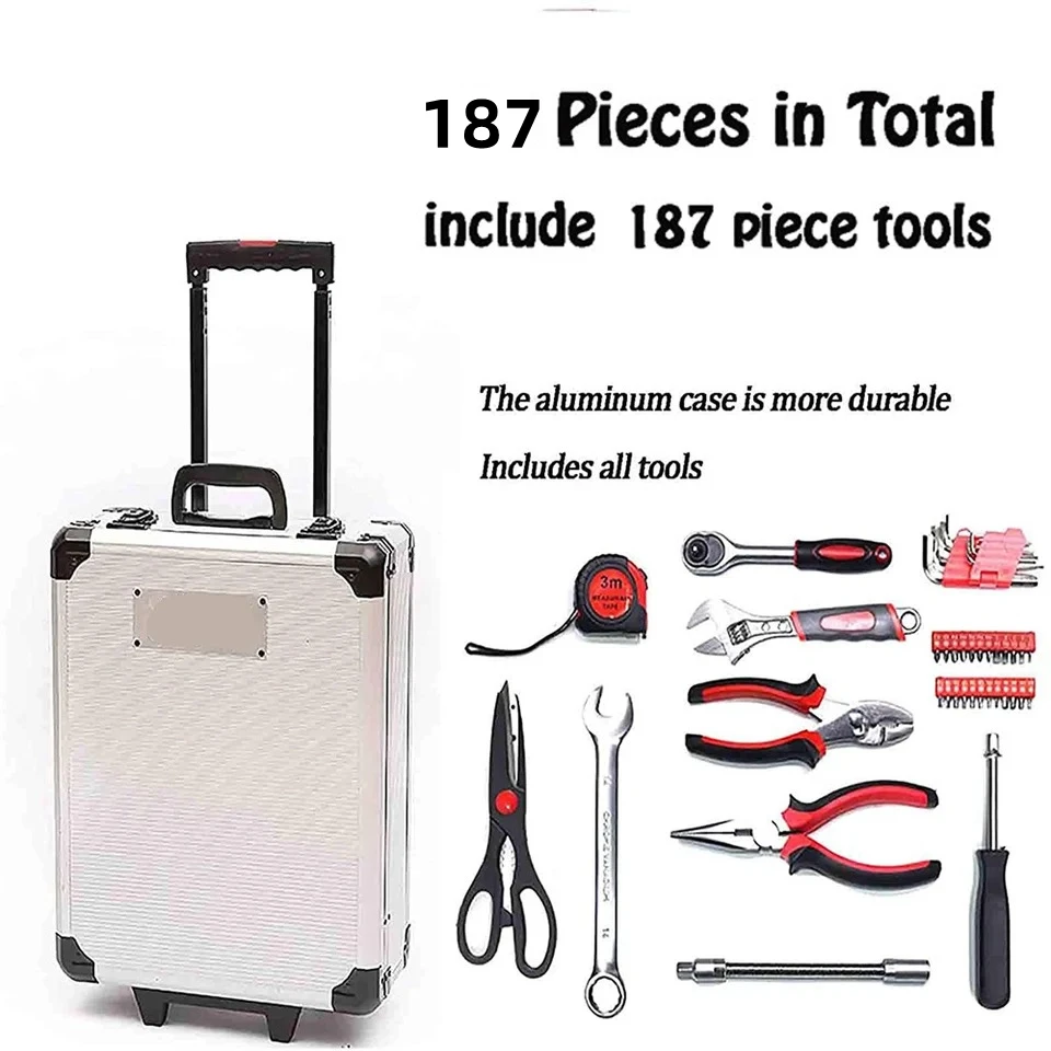 187pcs Aluminum Trolley Case Tool Set Silver House Repair Kit Set Household Hand Tool Set with Tool