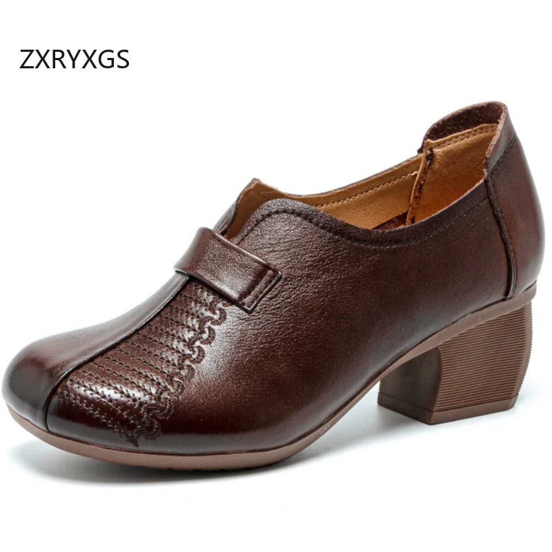 ZXRYXGS Top Cowhide Elegant Temperament Women's Middle Heel Shoes 2026 Autumn Genuine Leather Shoes Office Work Banquet Shoes