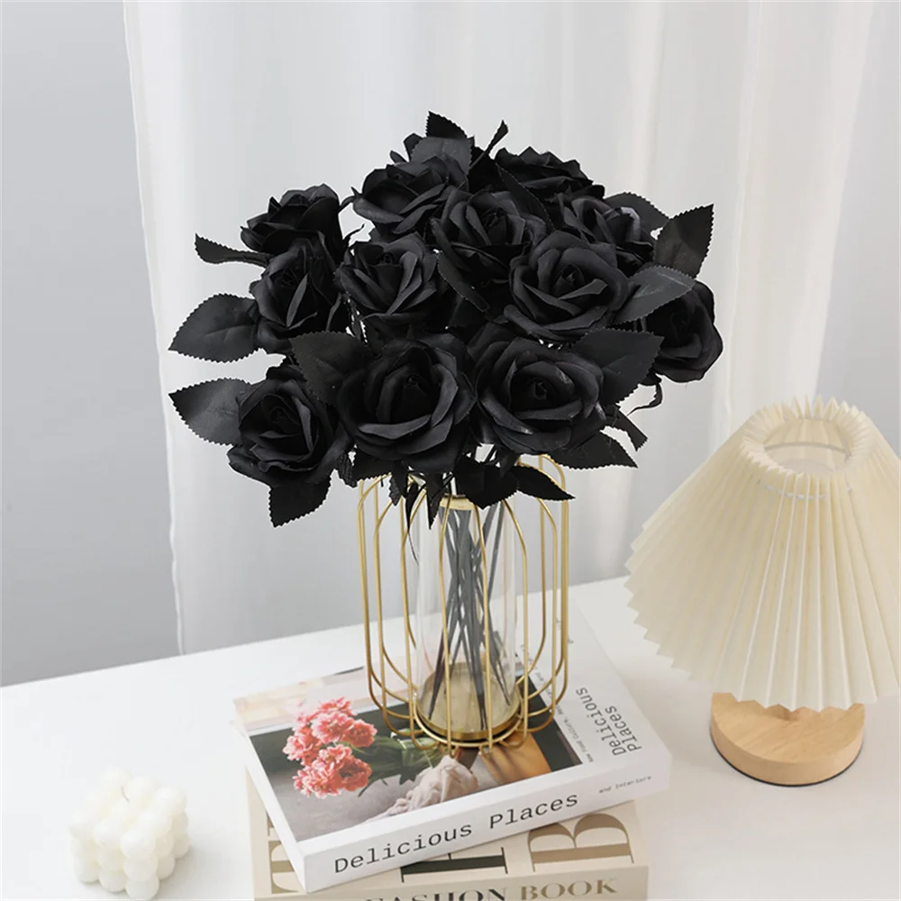 Flor Artificial de Rosa Negra para decoración del hogar, flor de simulación de alta calidad para interiores, para boda, 12 unidades