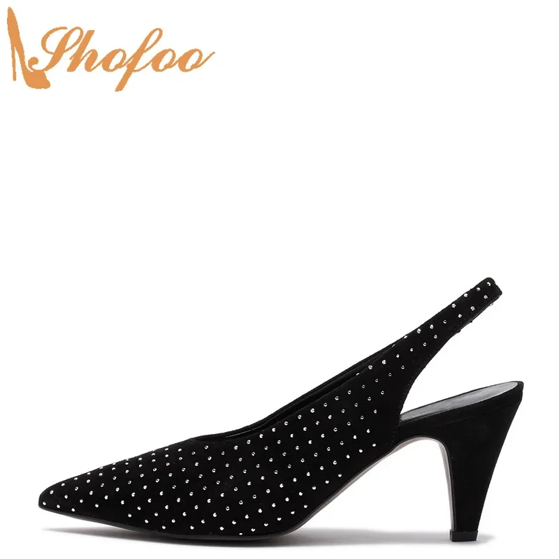 

Black Women Stilettos Pumps Pointed Toe High Kitten Heels Large Size 13 16 Ladies Fashion Studded Vamp Mature Sexy Shoes Shofoo