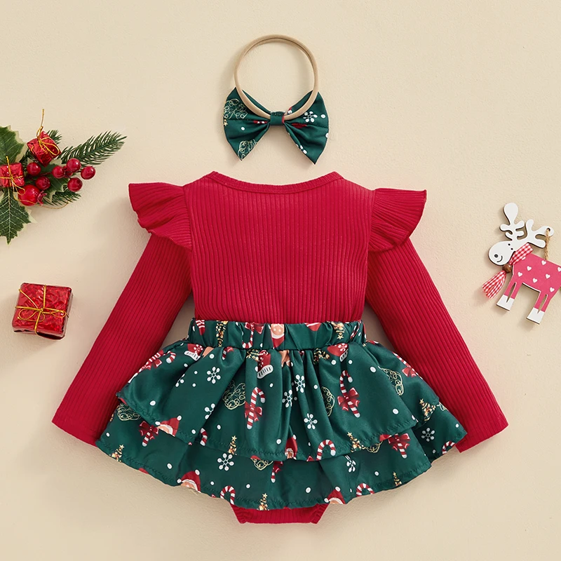 Pelele navideño para niñas, vestido de manga larga con estampado de sombrero de Papá Noel y diadema con lazo para 0-2t